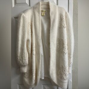 VINTAGE Belldini Cream Embroidered Open-Front ANGORA & Lambswool Cardigan